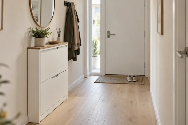 Shallow white shoe cabinet in a bright hallway with a clear walkway