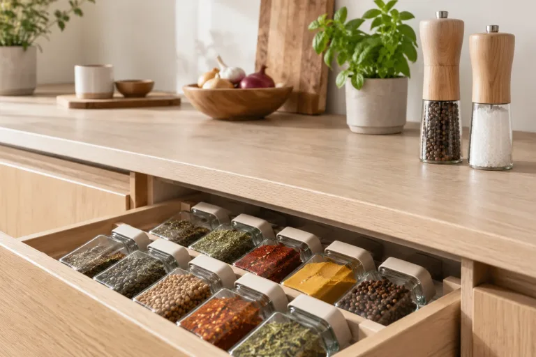 Organised spice drawer and mills on a light kitchen counter