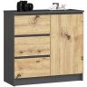 Lipasto K80 JERRY CLP, 1 ovi ja 3 laatikkoa, harmaa/tammi, 80 × 77 × 35 cm
