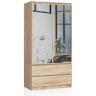 Vaatekaappi AKORD S90, 2 ovea, 2 laatikkoa peileillä, ruskea, 90 × 180 × 51 cm