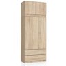 Vaatekaappi AKORD S90, yläosalla 2 ovea ja 2 laatikkoa, ruskea, 90 × 234 × 51 cm