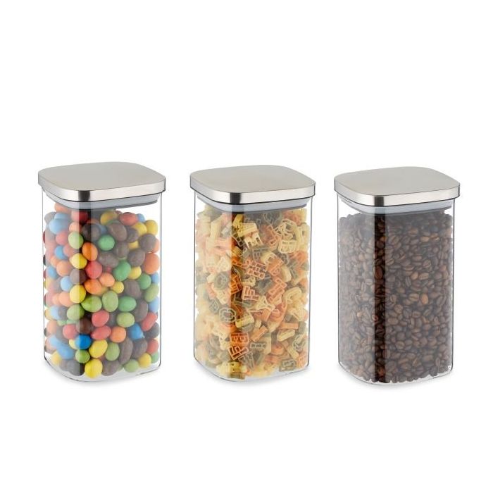3 läpinäkyvän säiliön setti bulkkituotteille 18x10,5x10,5cm, 1,2L, hopean värinen