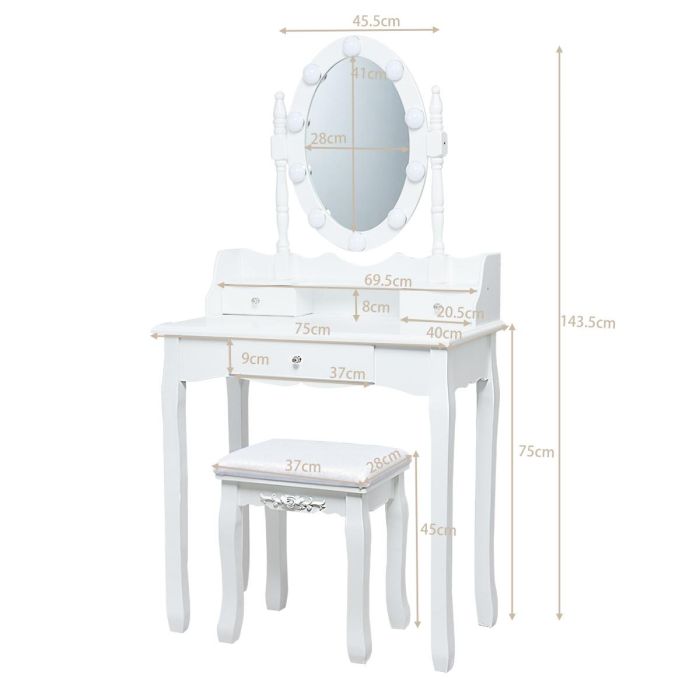 Туалетный столик с табуретом 75x40x143,5см, белого цвета