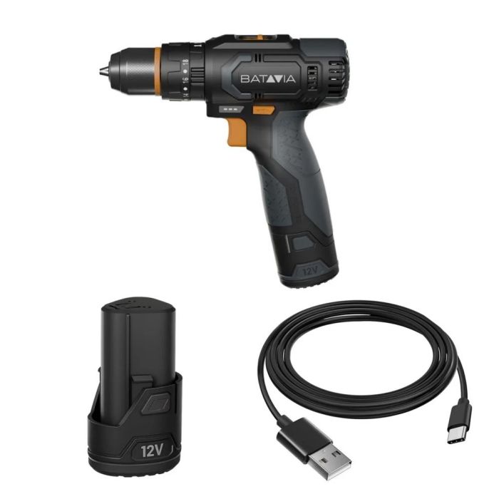 Pora-ruuvinväännin Batavia 12V Cordless Combi Drill Fixxpack 2.0, 2,0 Ah:n akku ja USB-C-kaapeli