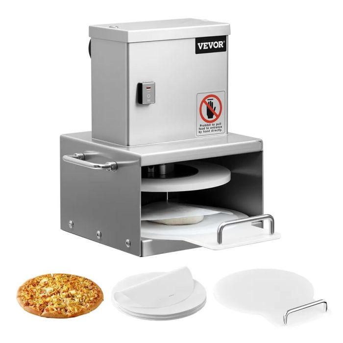 Sähköinen pizzataikinaprässi, 6 tuumaa, ruostumatonta terästä, leivinpaperilla