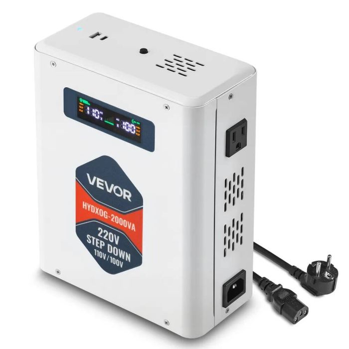 Jännitteenmuunnin 2000 VA, muuntaja 220 V - 110 V, USB:llä ja LCD-näytöllä