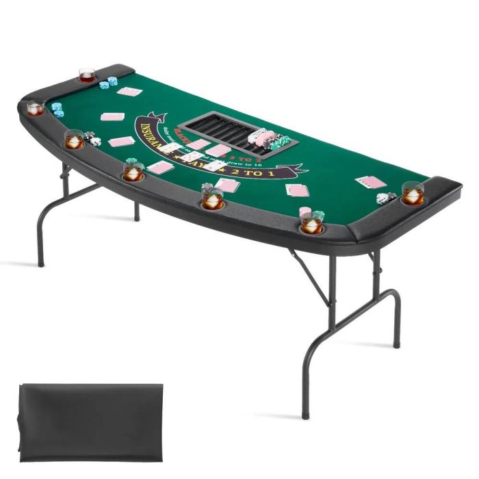 Kokoontaitettava pokeripöytä, 7 pelaajaa, 183 cm, pehmustetuilla kaiteilla ja mukitelineillä