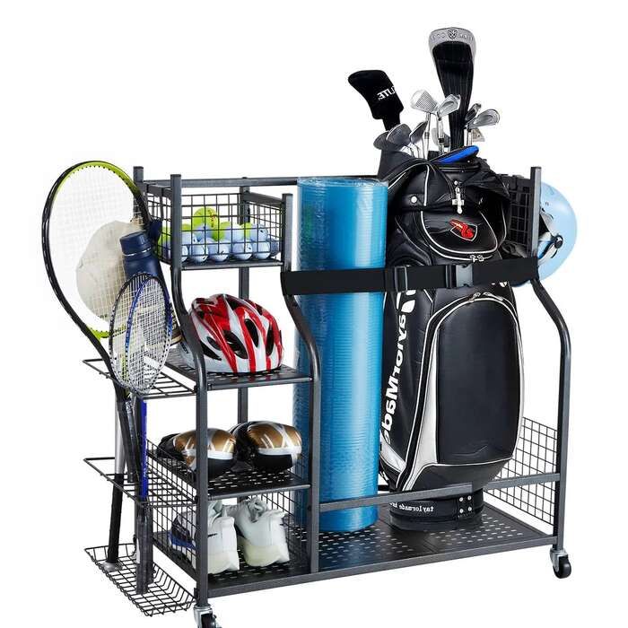 Golfvälineiden säilytysteline pyörillä, terästä, musta