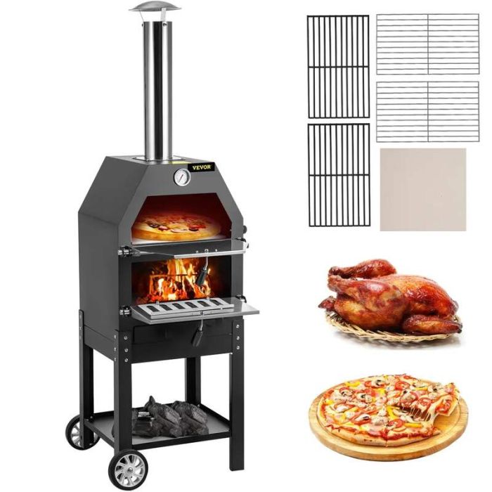 Ulkokäyttöön tarkoitettu puulämmitteinen pizzauuni, 12 tuumaa, 2 kerrosta, pyörillä, jopa 900 ℉