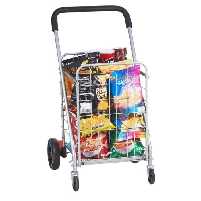 Kokoontaitettava hopeanvärinen ostoskärry pyörillä, 50 kg:n kapasiteetti
