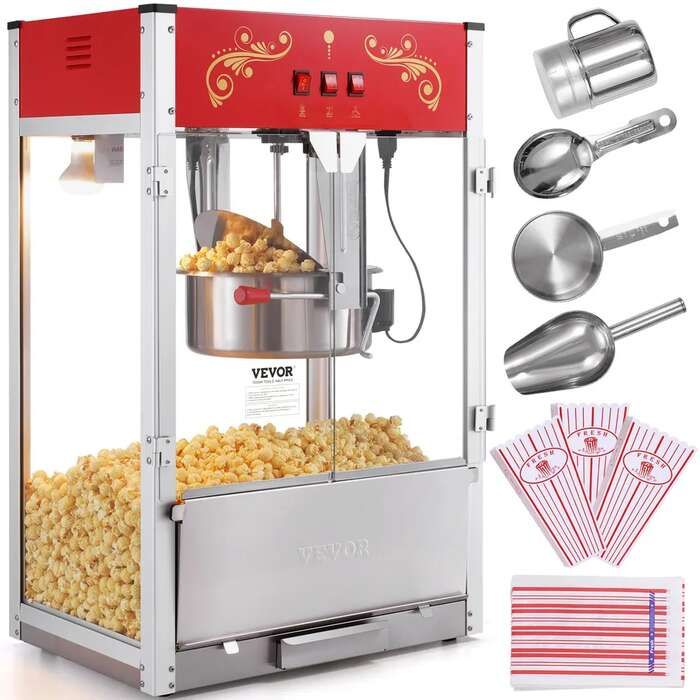 Pöytäpopcorn-kone, 1615 W, 16 oz, punainen, karkaistulla lasilla ja 3 ruostumattomasta teräksestä valmistetulla kauhalla