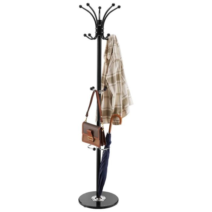 Vapaasti seisova metallinen naulakko, jossa marmorinen jalusta ja 14 koukkua