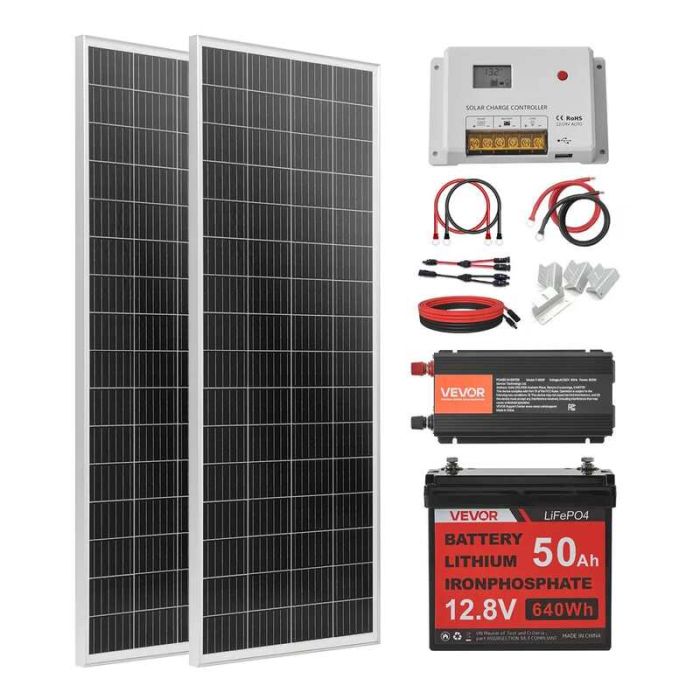 Солнечный энергетический комплект V200W 12V с двумя монокристаллическими батареями по 100 Вт, литий-железо-фосфатным аккумулятором 50 Ач и инвертором 800 Вт.