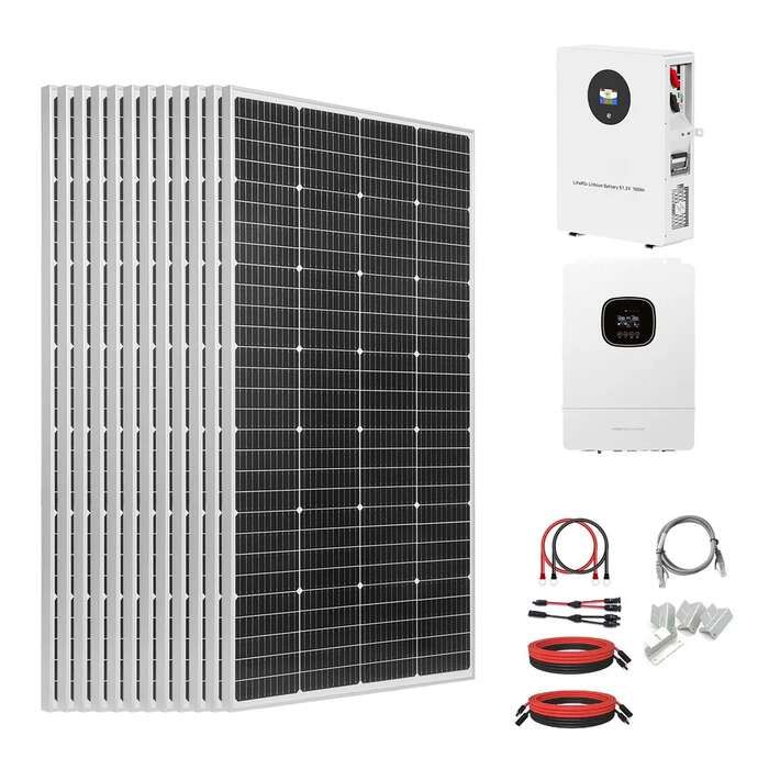 2400 W:n 48 V:n aurinkopaneelipaketti, jossa on 12 x 200 W:n monokristalli-akkua, 51,2 V:n 100 Ah:n lifepo₄-akku ja 48 V:n 5000 W:n hybridiinvertteri