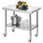 Кухонный стол из нержавеющей стали 60x90 см с колесиками и регулируемыми полками.
