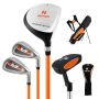 Set of golf clubs with bags, various colors