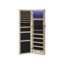 Hanging mirrored jewelry cabinet with LED lighting, natural wood color