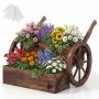 Rustic-style cart wheel with two-tiered planter box, natural wood, with drainage hole