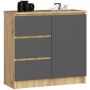Комод K80 JERRY, 1 дверца, 3 ящика, дубовый/серый, 80 × 77 × 35 см