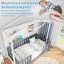 Lodge-shaped children's bed, with a window and 2 shelves, White/gray, 208 × 195 × 105.5 cm