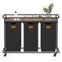 VASAGLE laundry basket, 3 compartments, 150 l, Black/brown, 104 × 79.5 × 33 cm