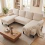 Sofa bed, U-shaped, 5-6 seats, Sand, 258 × 125 × 71.5 cm