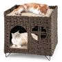 Foldable two-tier rattan cat house, brown