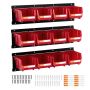 Wall-mounted red plastic box storage bins with metal rails