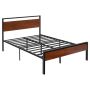 Full size black metal bed frame with brown wooden headboard