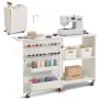 Folding multi-function sewing table with wheels, white
