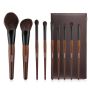 9-piece makeup brush set with natural and synthetic bristles, wooden handle, travel bag