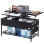 Liftable rectangular coffee table, 39.4", black, with USB and lighting