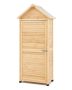 Large wooden outdoor storage shed with shelves and lock, 28x63 inches