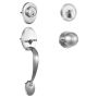 Front door handle and latch, matte nickel, adjustable spacing, cylinder lock, universal