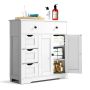 Bathroom floor cabinet, white, wooden, with drawers and doors