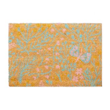 Ovimatto "Flowers" 60x40 cm, vaaleanruskea/sininen