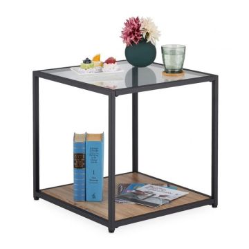 Läpinäkyvä sivupöytä hyllyllä 50x50x50cm, musta/vaaleanruskea