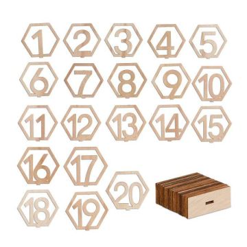 20 kuusikulmaisen puisen pöytätelineen setti "Numers" 10x11x2,5 cm, vaaleanruskea