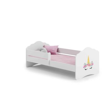 Детская кроватка Fala с матрасом и защитным бортиком, 164 см x 85 см x 63 см, с изображением единорога.