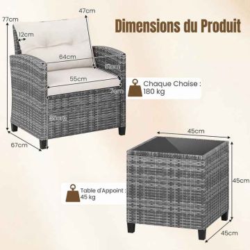 3-piece rattan patio furniture set with 2 chairs and side table, white