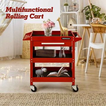3-tray tool trolley with drawer, black/red, 150 kg
