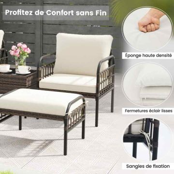 5-piece rattan conversation set with poufs and coffee table, brown