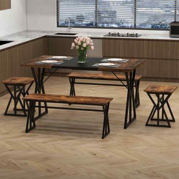 5-piece dining set, for 4-6 people, with rectangular table and 2 benches, brown