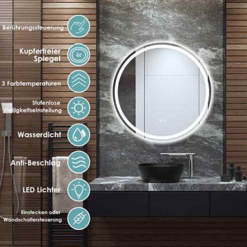 Round LED bathroom mirror, Adjustable color temperature, Silver, Ø 60 × 3.5 cm