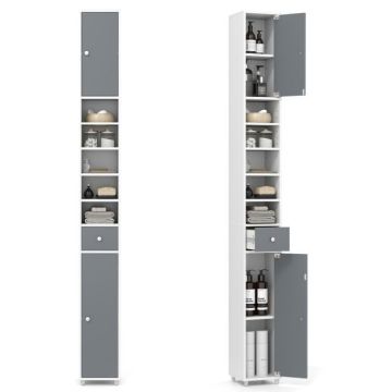 Tall storage cabinet 180 cm with 2 doors and 1 drawer, gray and white