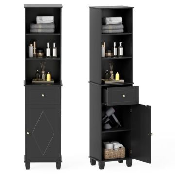 Tall bathroom cabinet, 1 drawer, 3 open shelves, Black, 40 × 172 × 30 cm