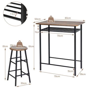 Bar table set, 3 pieces, 2 stools, Brown, 80 × 50 × 91 cm