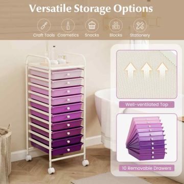 Storage trolley, 10 drawers, Purple, 33 × 38.1 × 86.4 cm