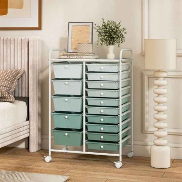 Storage Cart, 15 Drawers, Green, 25 × 14.5 × 34.5 inches