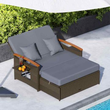 Multifunctional rattan outdoor furniture set, two-seater sofa with table, gray